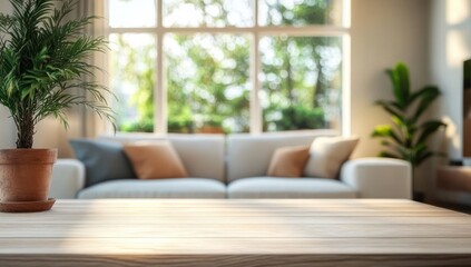 Bright cozy living room with wooden table in foreground, soft couch with cushions and large windows revealing greenery outside