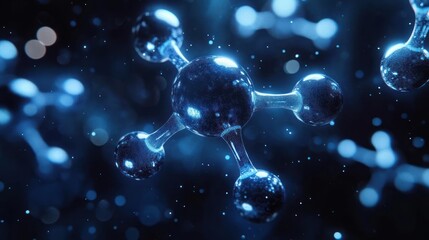 3d illustration of glowing interconnected molecules representing a molecular or atomic structure with a dark blue background and light particles