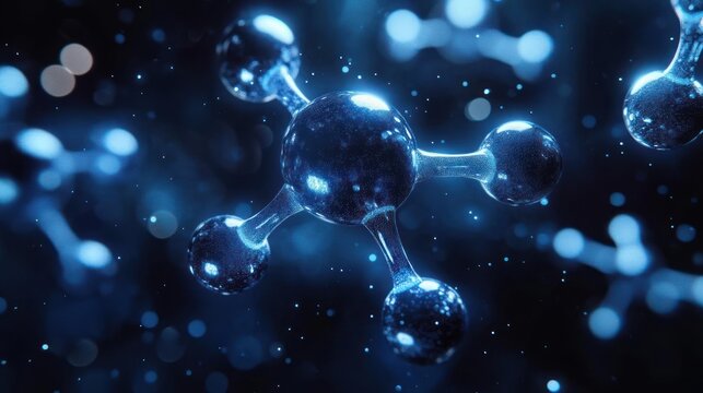 3d illustration of glowing interconnected molecules representing a molecular or atomic structure with a dark blue background and light particles