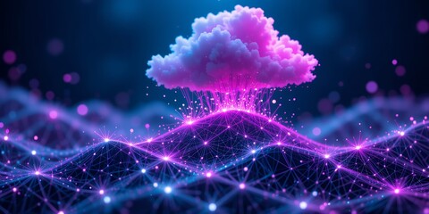 Futuristic digital cloud computing network visualization with glowing connections and vibrant colors
