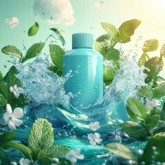 Refreshing blue bottle surrounded by splashing water, mint leaves, and white flowers, evoking sense of freshness and vitality. scene is set against bright, sunny background