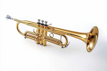 Fototapeta premium Shiny brass trumpet isolated on white background showing valves and tubing details