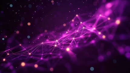 Abstract digital network of interconnected glowing nodes and lines in bright purple and yellow colors on dark background conveying futuristic technology and connectivity