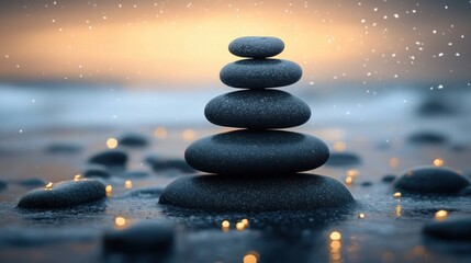 Smooth black stones stacked in balanced tower on wet surface with soft warm glowing background and scattered light reflections creating peaceful atmosphere