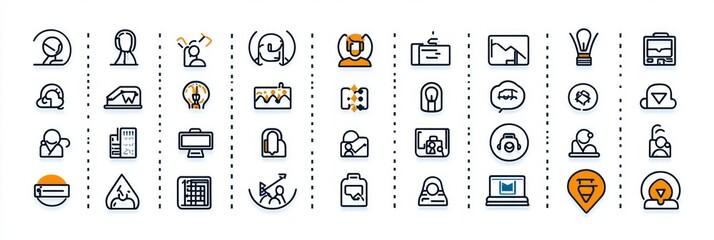 Set of minimalistic business and technology icons with orange accents depicting user profiles, communication, data analysis, and innovation concepts arranged in rows with dotted line separators