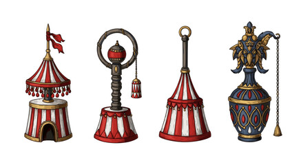 Obraz premium Four whimsically designed fantasy objects, illustrated in vibrant colors