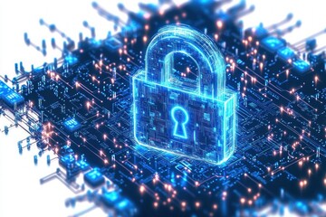 Glowing digital padlock symbol hovering over detailed glowing circuit board representing cybersecurity and data protection