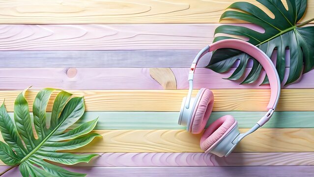 Pink headphones with tropical leaves on a pastel wooden background