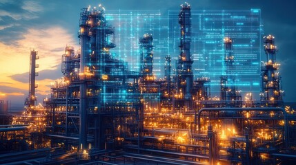 Industrial refinery complex at sunset with glowing lights and futuristic blue digital data overlay representing technology integration