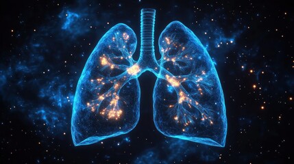 Digital illustration of human lungs with glowing orange nodes and blue network lines against a dark starry background conveying respiratory function