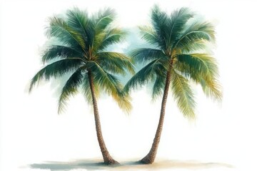 Obraz premium Two tall green palm trees with full fronds standing close together symbolizing tropical serenity and peaceful natural beauty