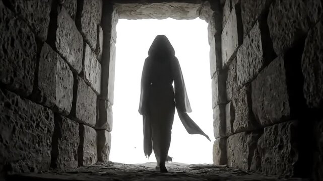 Mysterious hooded figure walking through stone corridor towards bright light
