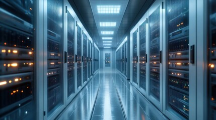 Obraz premium Futuristic clean data center corridor with rows of illuminated server racks on both sides under bright ceiling lights