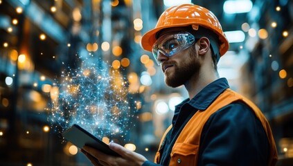 Industrial worker wearing helmet and safety vest using digital tablet with futuristic network visualization in a warehouse setting