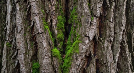 Obraz premium Detailed view of tree bark with vibrant green moss emphasizing nature's textures