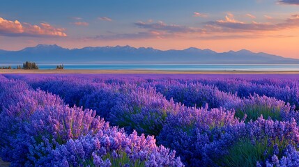 Obraz premium Lavender Field at Sunset Near Lake Issyk-Kul, Kyrgyzstan