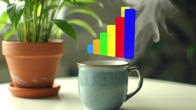 Steaming coffee cup with rising graph and plant symbolizing financial growth concept