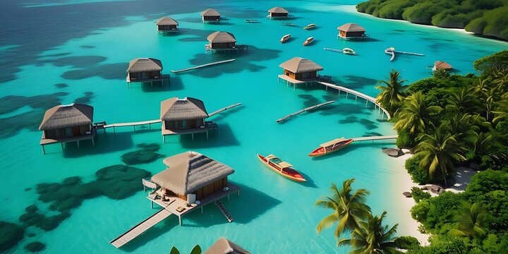 Aerial view of tropical overwater bungalows in turquoise waters - Powered by Adobe