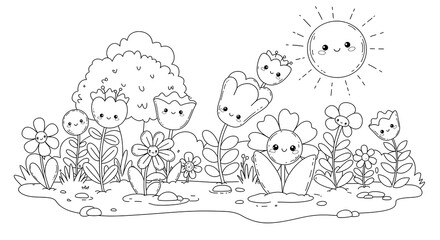 sun and flowers in the park, children’s coloring book illustration. Perfect for kids to color and enjoy, adding a splash of creativity to their day