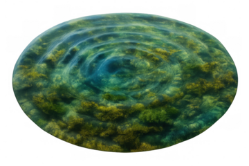 Circular ripples expanding on a transparent water surface with algae, creating a mesmerizing pattern, ideal for nature and environmental projects