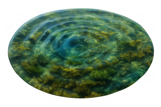 Circular ripples expanding on a transparent water surface with algae, creating a mesmerizing pattern, ideal for nature and environmental projects
