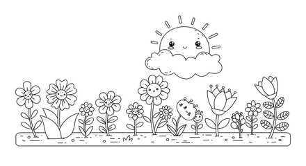 sun and flowers in the park, children’s coloring book illustration. Perfect for kids to color and enjoy, adding a splash of creativity to their day