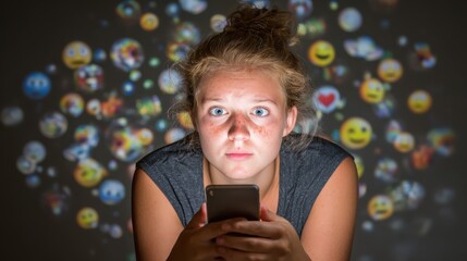 A young woman focused on her phone with a background of projected emojis