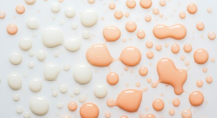 Abstract composition of foundation and moisturizer drops for beauty and skincare concept with a clean white background perfect for artistic designs and modern aesthetics