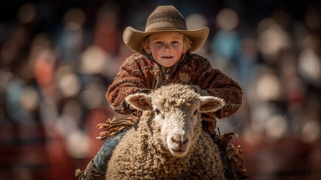 A young cowboy fearlessly rides a sheep