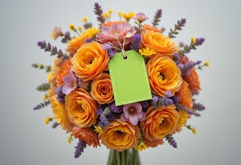 Vibrant floral arrangement with orange roses purple accents and a green tag in close-up view
