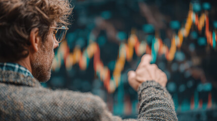 A businessman analyzes market data on a large screen, making decisions based on financial trends. He looks focused and engaged with the charts