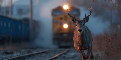 A deer crossing railway tracks with a train approaching, creating a dramatic and tense moment