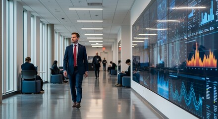 A businessman in a suit walks down a modern hallway with large digital displays showcasing financial data.