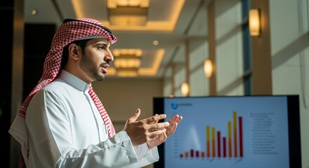 A young man in traditional Middle Eastern attire confidently presents a business presentation using a projected graph.