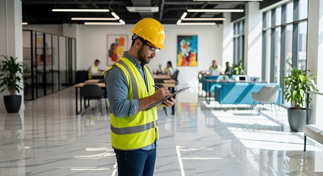 A construction worker in a bright yellow vest and hard hat carefully reviews documents in a modern building.