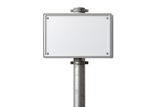 Blank rectangular sign affixed to a metal post.  Empty white signboard mounted on a gray metal pole
