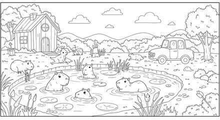 Capybara animals children’s coloring book illustration. Perfect for kids to color and enjoy, adding a splash of creativity to their day