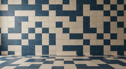 Empty room with pattern of square tiles. The arrangement includes alternating rows of dark blue and light beige squares, creating a striking geometric design on wall