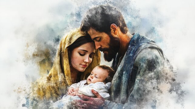 An Artistic Watercolor Painting Depicting the Holy Family in Loving Embrace