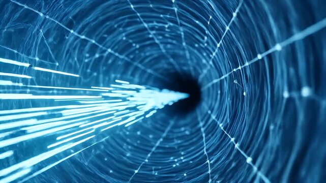 Abstract Blue Digital Tunnel with Glowing Data Stream