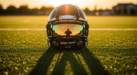 American football helmet sits on green grass field at sunset with reflection of player in visor