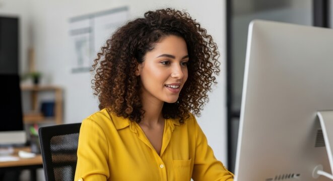 A young woman with curly brown hair wearing a yellow blouse is smiling and working on a computer in an office setting - Powered by Adobe