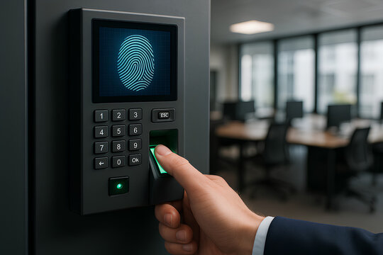 Security biometric fingerprint scanner system in use for employee access at an office building