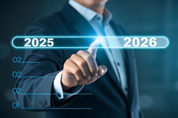 Businessman pointing towards the year 2026 symbolizing future planning and strategic business growth with a focus on financial projections and success in the coming years