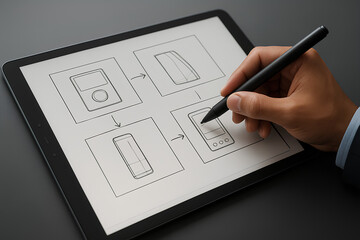 Digital design sketching displayed on a tablet, showcasing the transition of technology over time