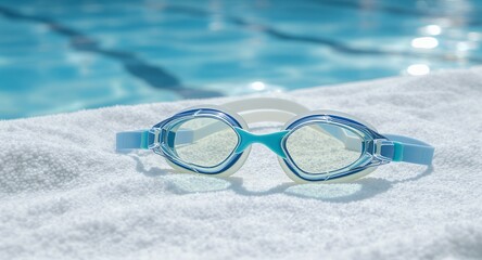 Swimming goggles on a towel near a pool