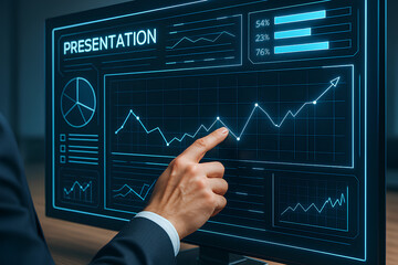 Futuristic digital presentation interface with visual data elements in a professional business context