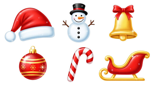 set of 6 holiday jelly icons: Santa hat, snowman, bell, ornament, candy cane, and sleigh