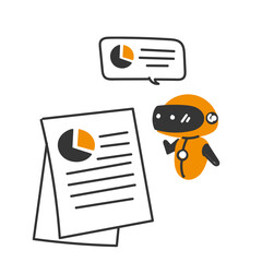 robot explaining pie chart data on business document illustration in doodle sketch cartoon