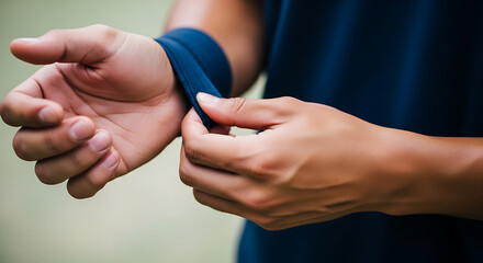 Close up of athlete adjusting blue wristband on arm before sport activity for comfort and support